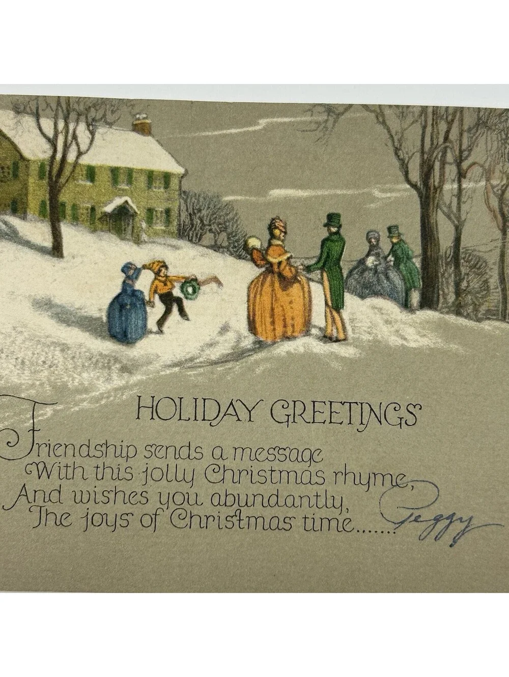 Vintage Christmas Greeting Card Winter Scene Poem Signed Peggy Made in USA  E-10